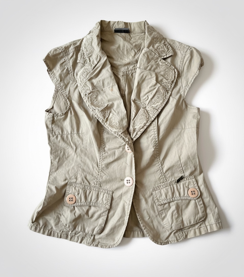 Veste beige en coton taille L/XL présente un col châle distinctif avec des détails brodés.