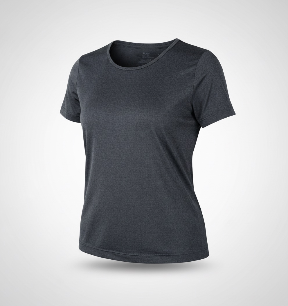 T-shirt de sport de couleur gris anthracite, taille L, présente une coupe classique à manches courtes et un col rond
