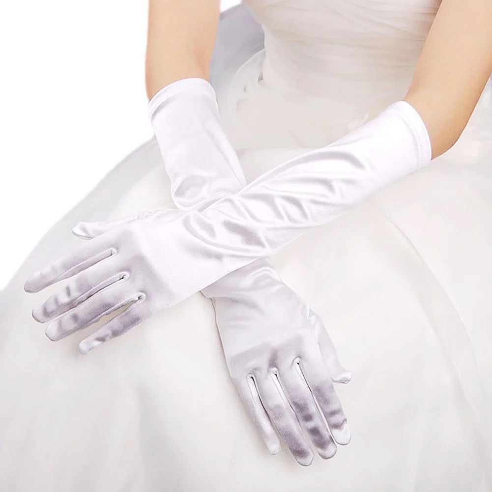 Gants de Robe de Banquet de Mariage Blanc Long Gants en Satin Gant de Longueur de Poignet