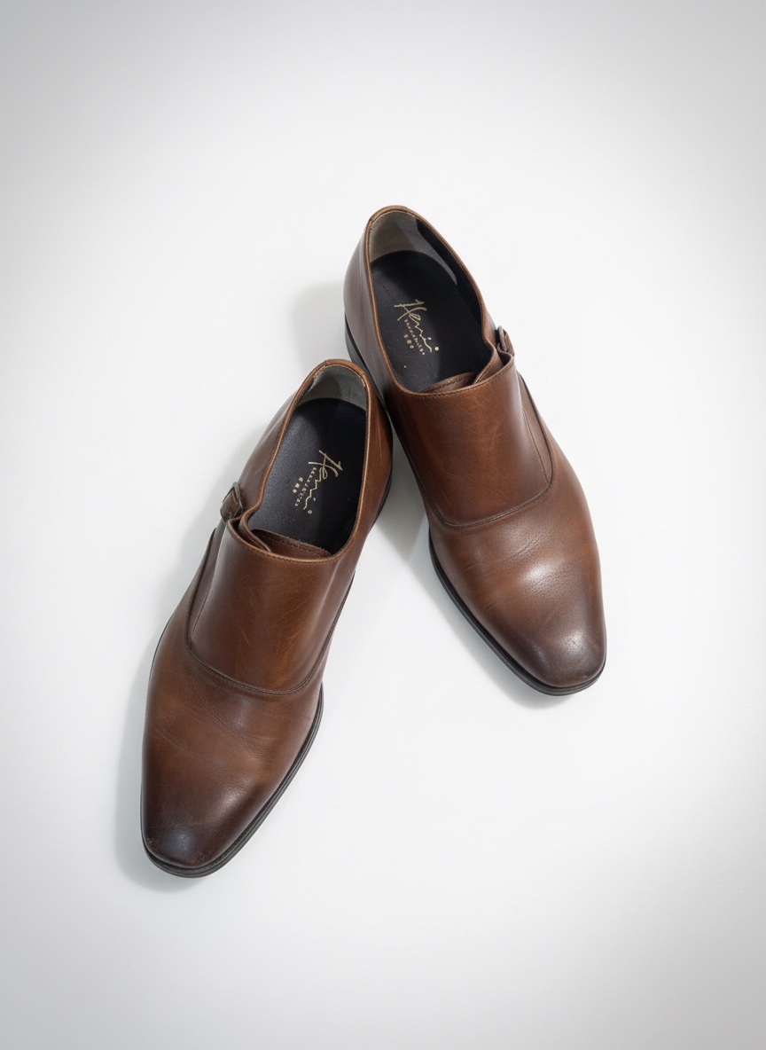 Chaussures homme élégantes en cuir marron – modèle à boucle (type monk strap) de la marque Heni Collection