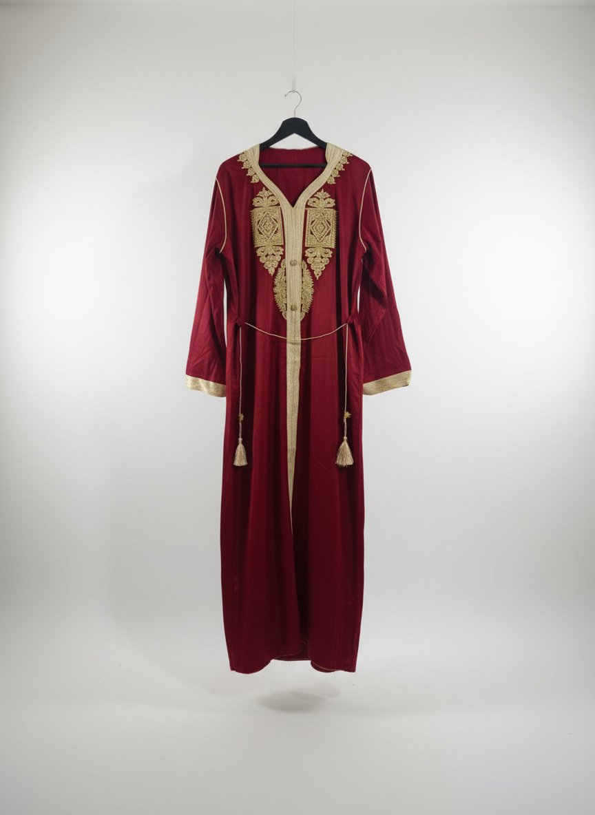 Une robe rouge neuve brodé avec le doré traditionel et chic