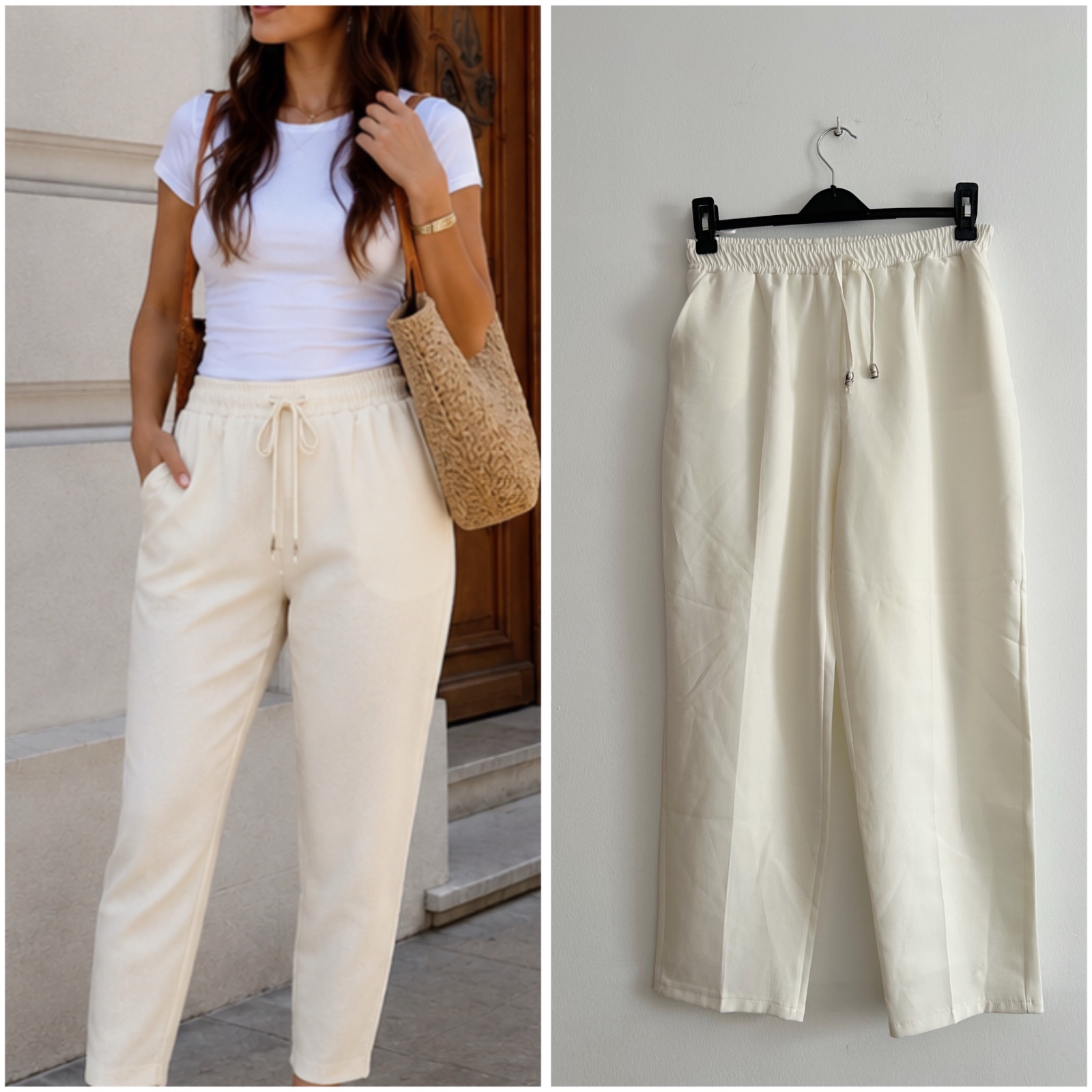 Pantalon fluide écru à taille élastique