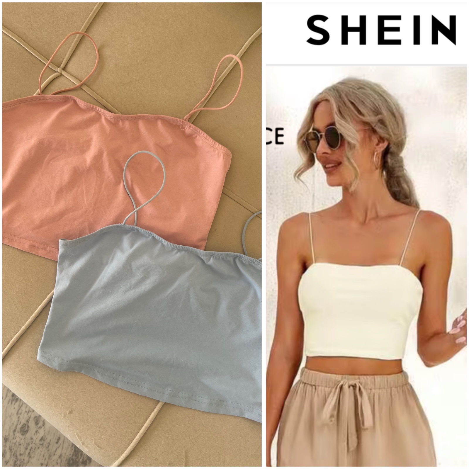 Lot de 2 crop tops à fines bretelles – Rose & Bleu 