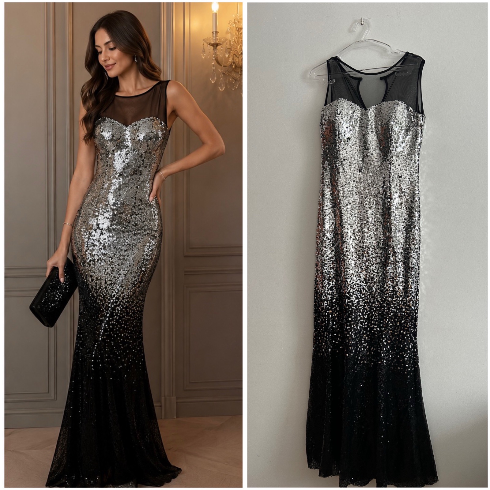 Robe longue à sequins noir et argent – Élégante & festive