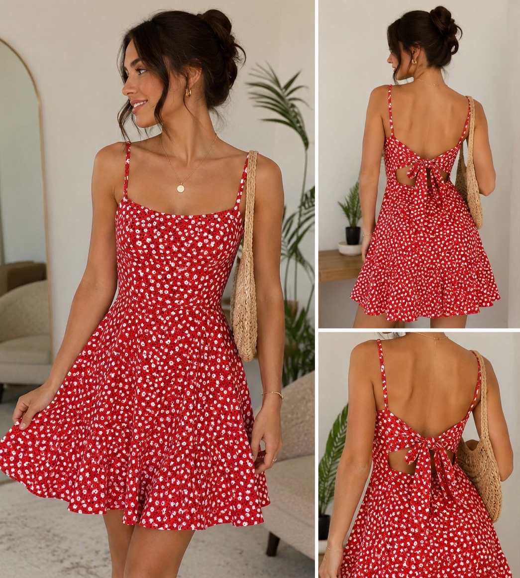 Robe rouge fleurie dos noué – Légère et féminine