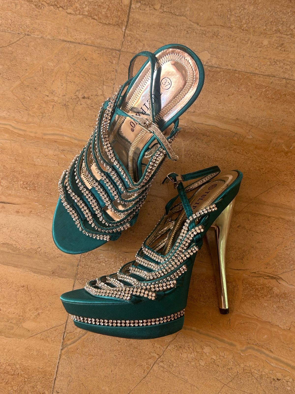 Chaussures de Soirée Vert Émeraude avec Strass et Talons Hauts