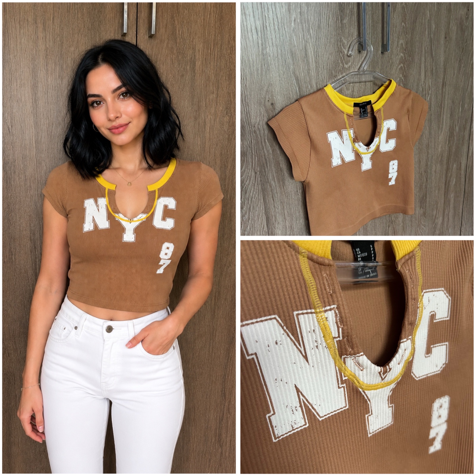 Crop Top NYC 87 Marron & Jaune – Style Casual Tendance