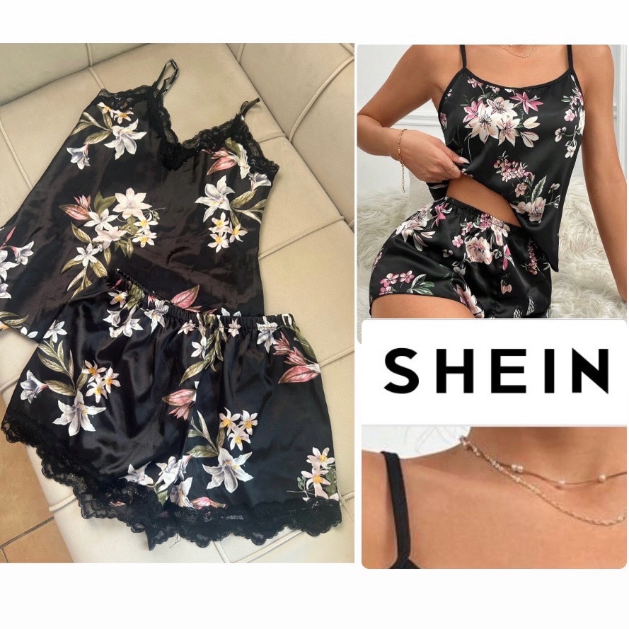 Ensemble Pyjama 2 Pièces en Satin Soyeux – Motif Floral Lys et Finitions Dentelle