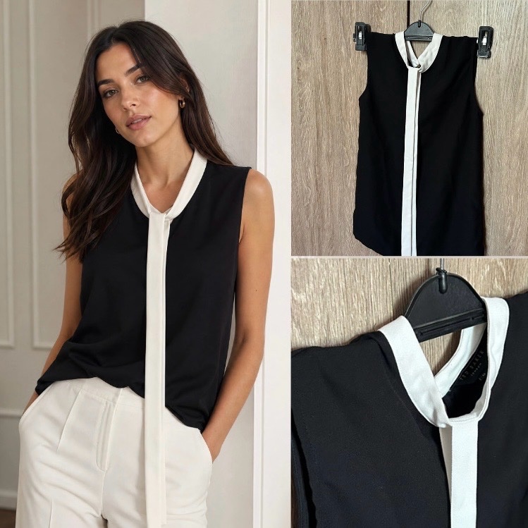 Blouse Élégante Sans Manches avec Col et Ruban Contrastés🖤🤍