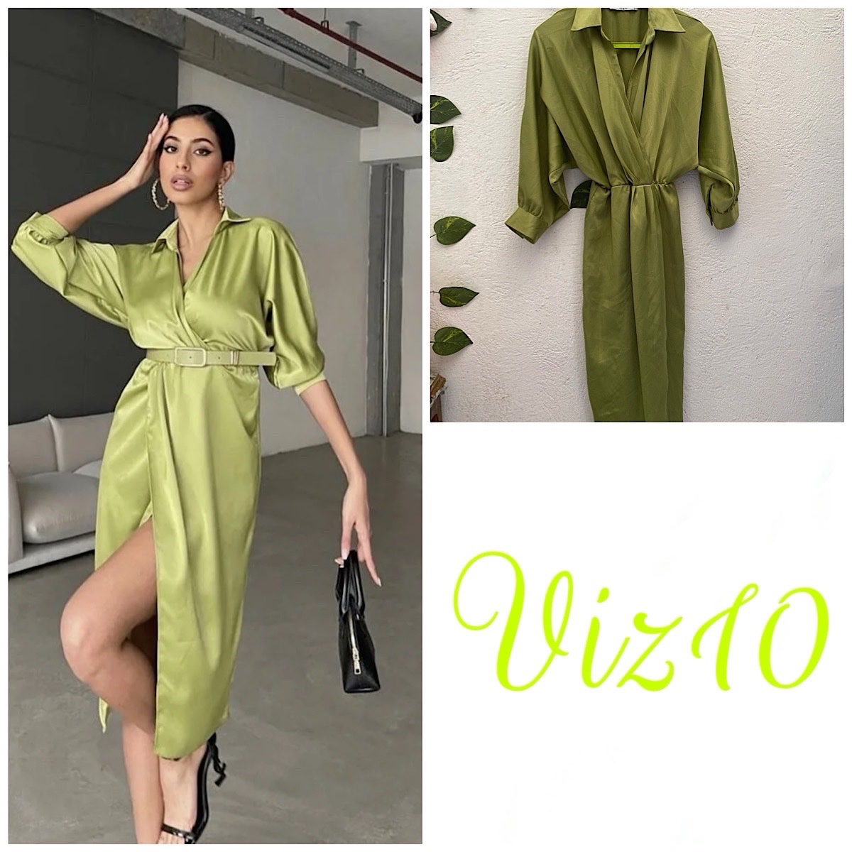 Green Satin Double-Breasted Collar Belted Dress 