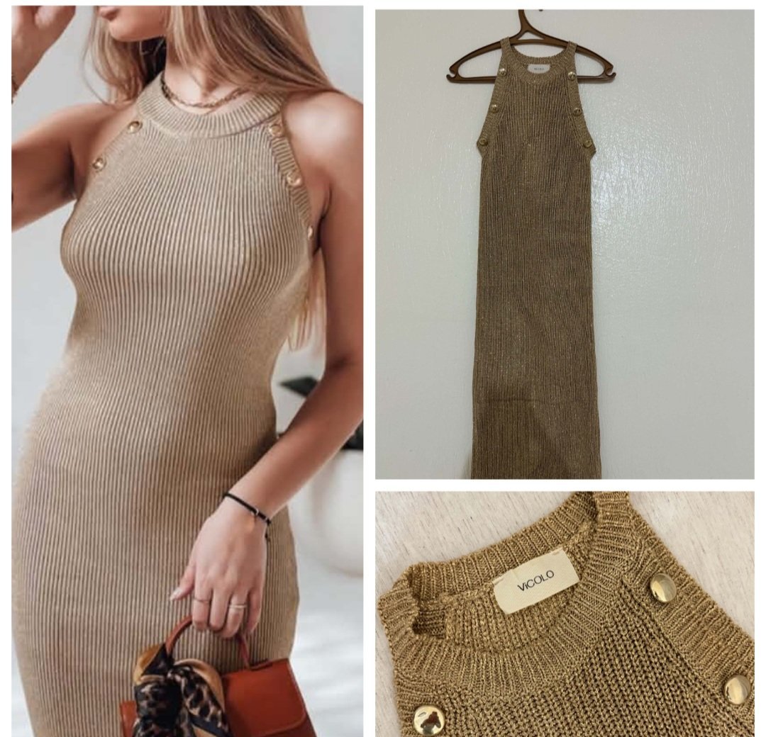         Il s'agit d'une robe midi en tricot côtelé beige de la marque Vicolo, ornée d'élégants boutons dorés le long des épaules.