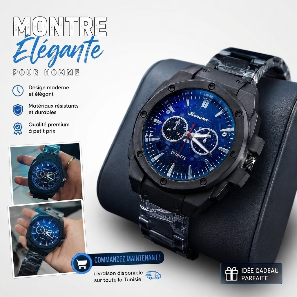 Montre homme noir fond bleu