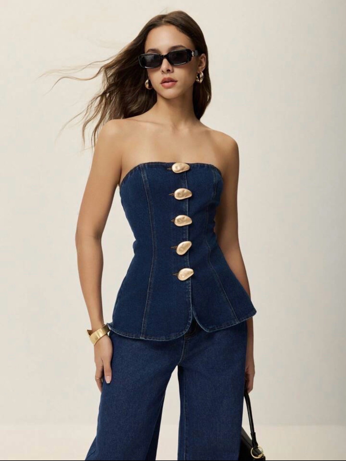 Haut Bustier en Denim avec Boutons Sculpturaux
