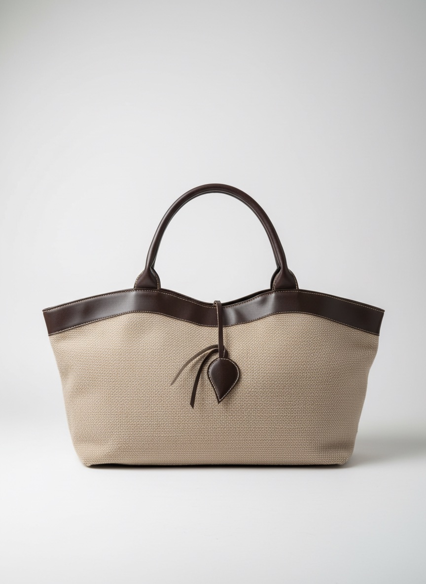 Sac à main cabas chic – Style bohème – Beige et similicuir marron
