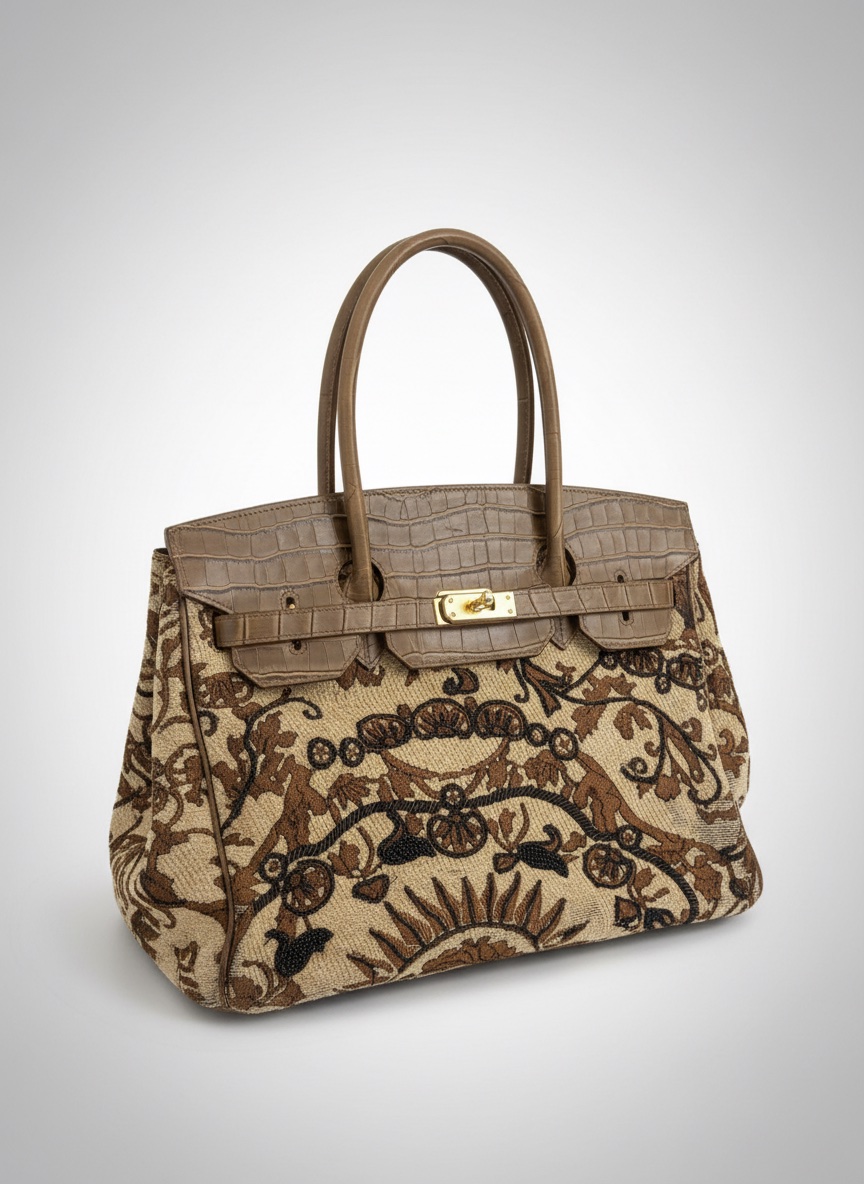 Sac à Main de Luxe Tapisserie Baroque et Cuir de Crocodile - Pièce Vintage Unique