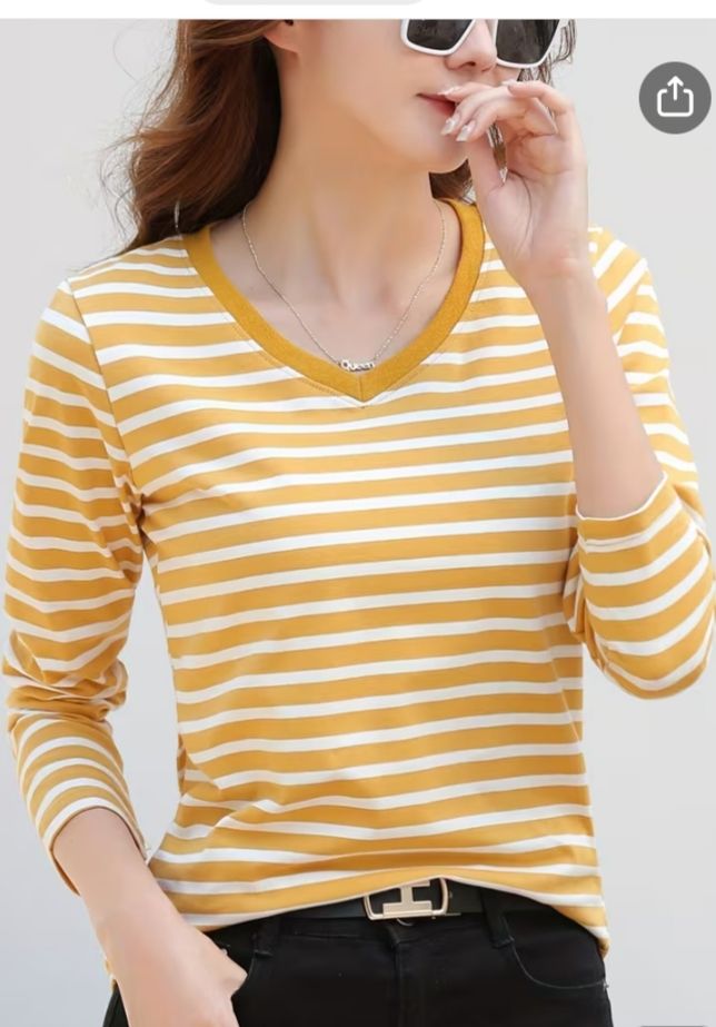 Yellow and white striped V-neck h&m T-shirt 