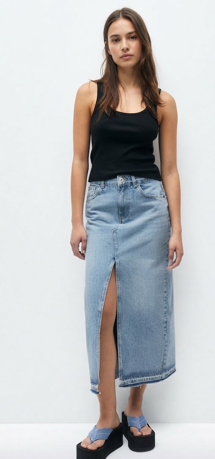 Jupe longue en jean délavé avec fente frontale de la marque Pull&Bear