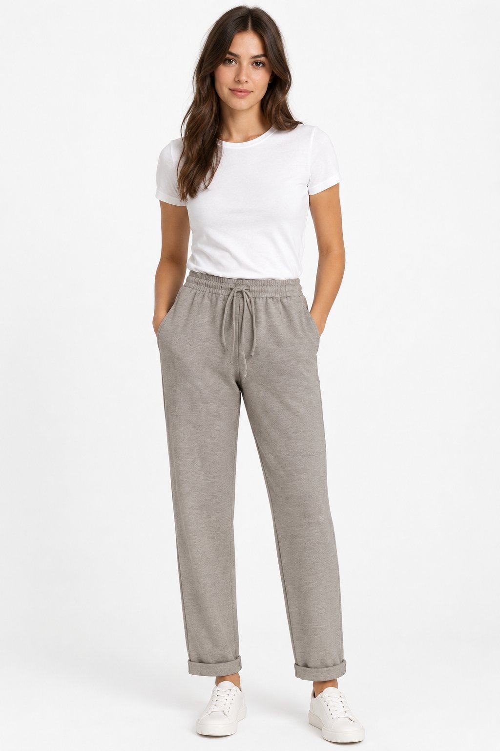 Pantalon de jogging ou jogger texturé Zara en couleur beige/taupe, caractérisé par sa taille élastique réglable par un cordon de serrage et ses ourlets retroussés à la cheville