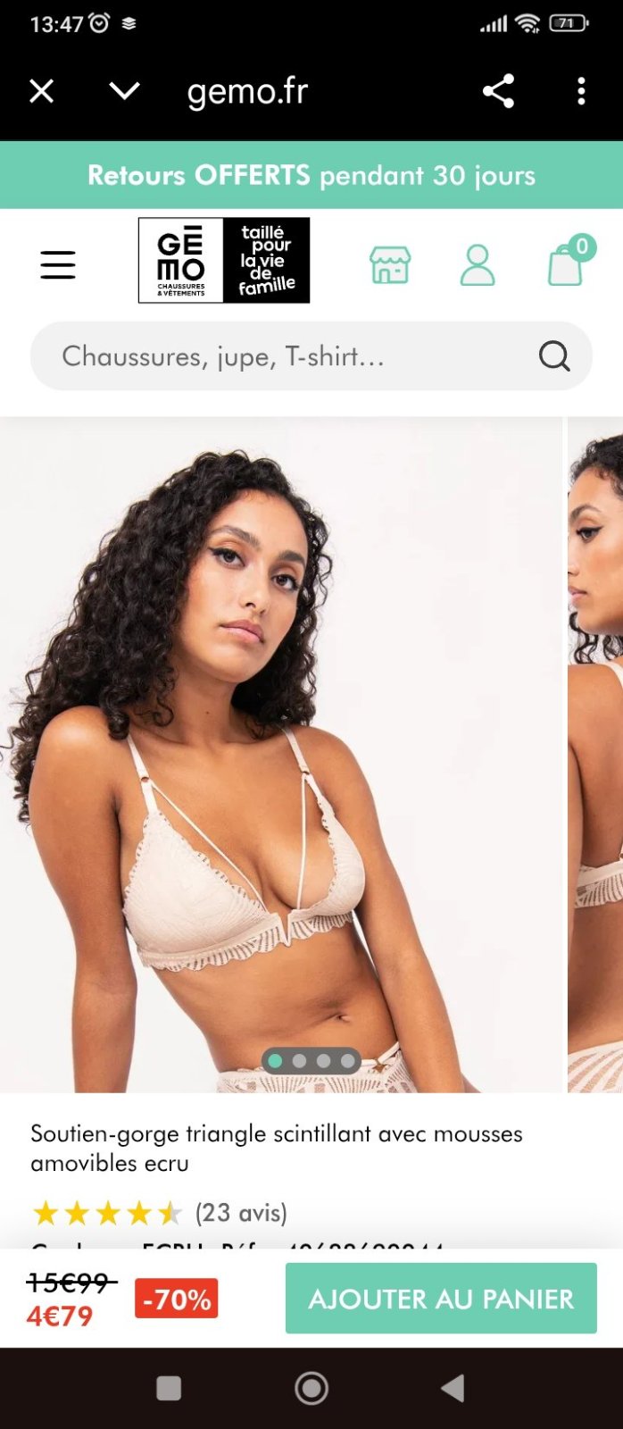Soutien-gorge triangle scintillant avec mousses amovibles ecru