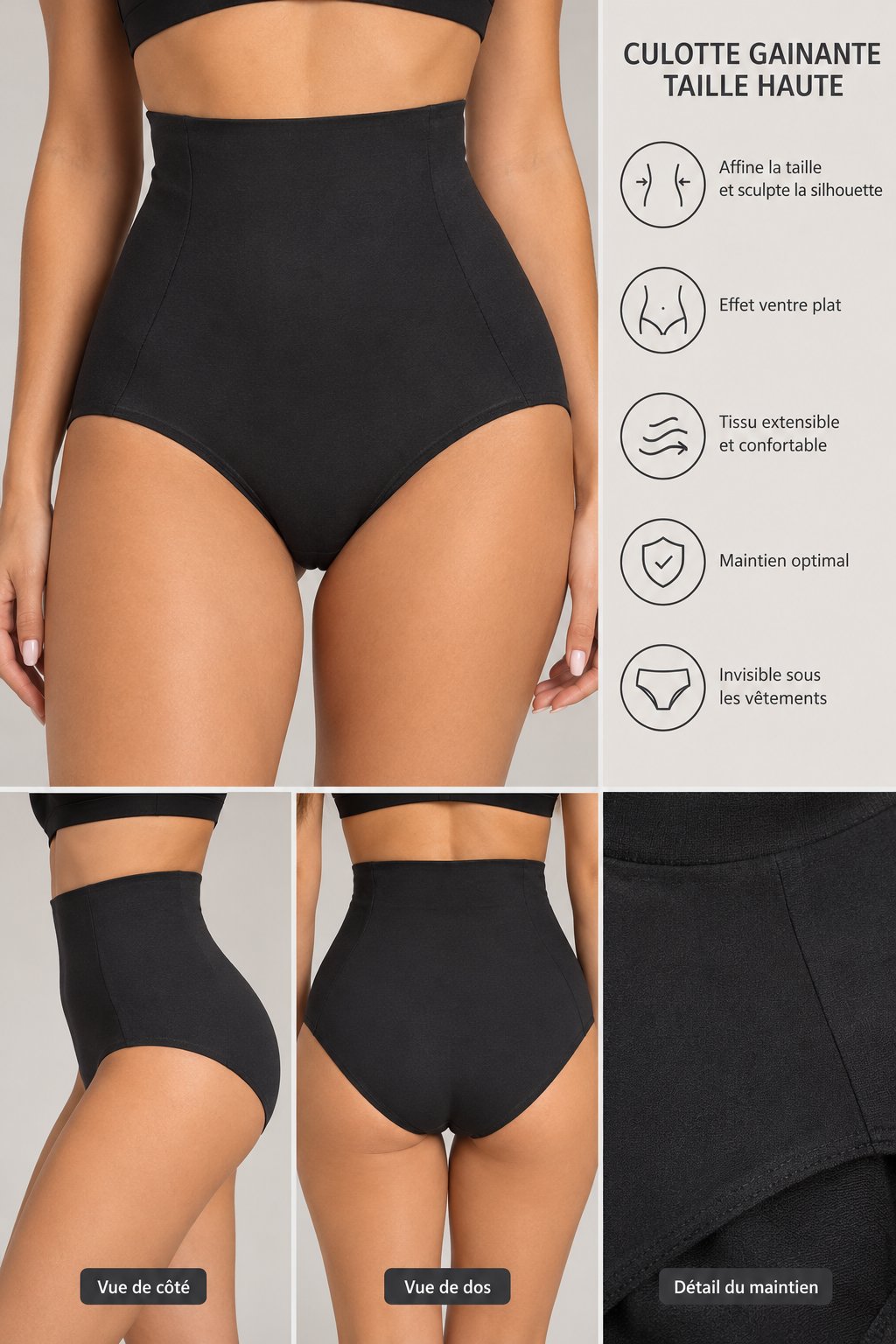 Culotte gainante taille haute de ka marque George (ou gaine amincissante) de couleur noire, conçue pour sculpter la silhouette et offrir un effet ventre plat.