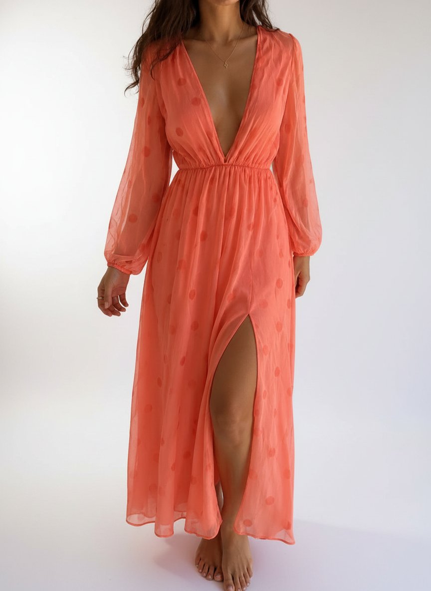 Robe orange élégante fente devan
