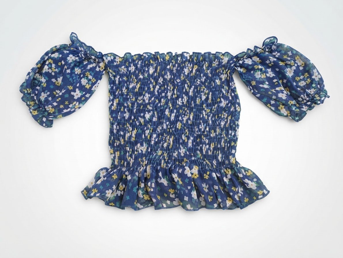 Crop top froncé / smocké fleuri épaules dénudées - Joelle