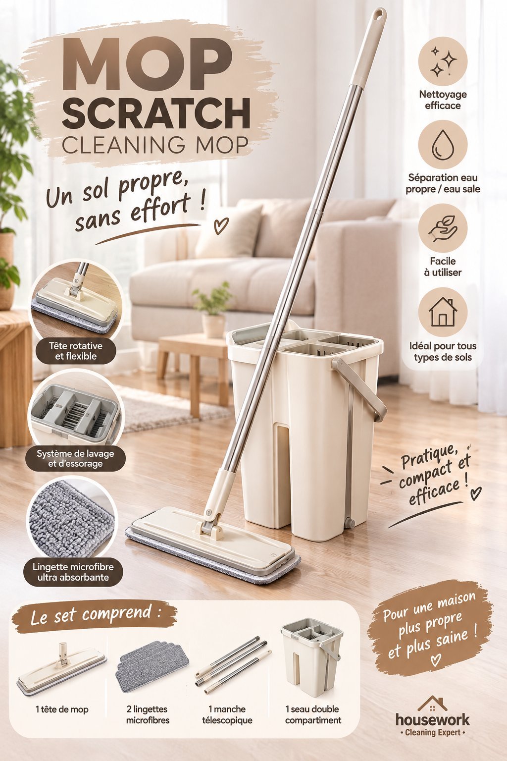 Balai microfibre multifonction cacheté 