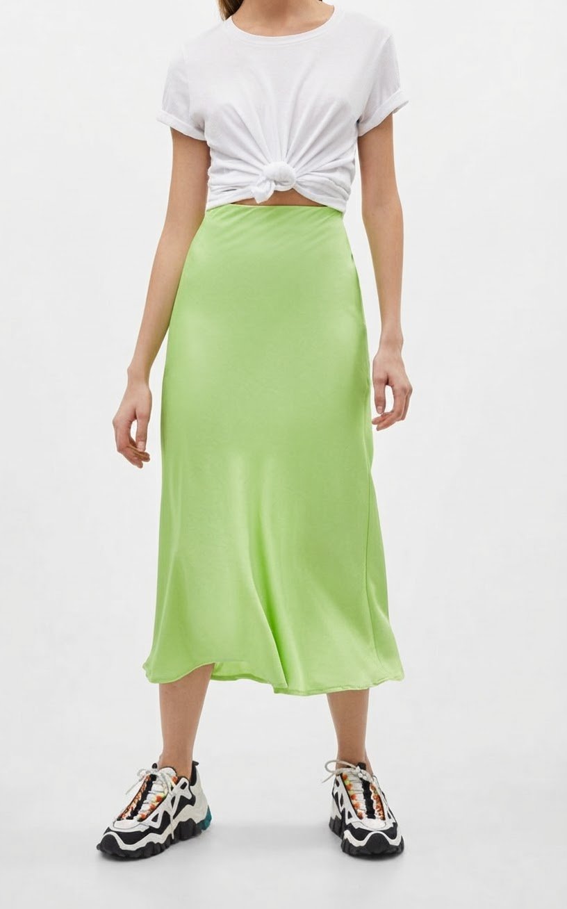 Jupe midi en satin couleur fluo Bershka