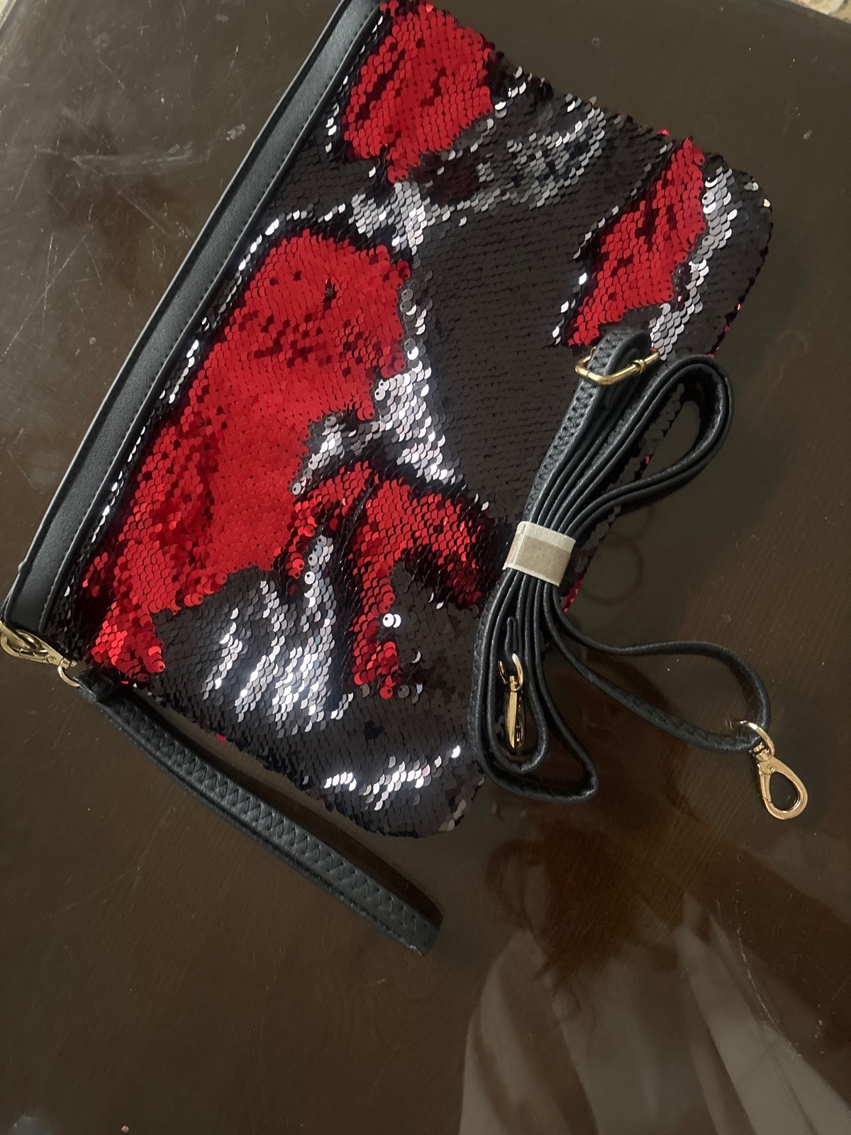 Sac/pochette à sequins réversibles rouge/noir