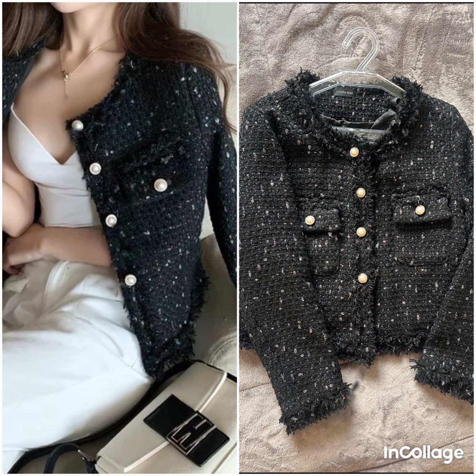 Blazer noir  en tweed a pailettes 