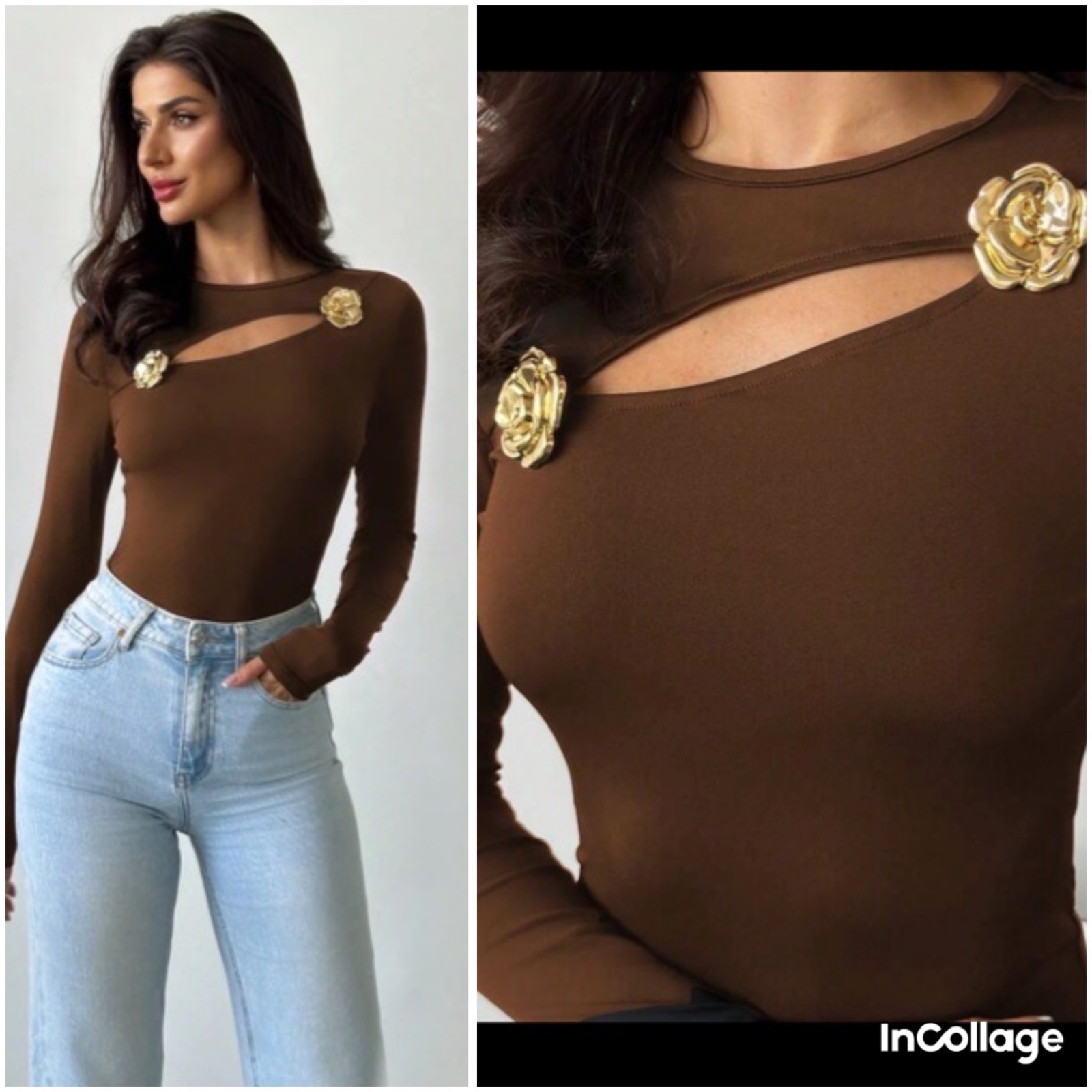 Haut marron avec fleurs en doré 