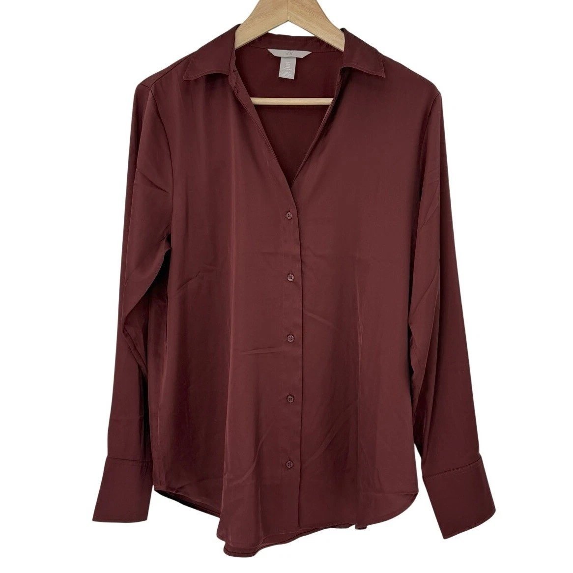 H&M Satin Burgundy Collar Button Up Shirt Long Sleeve Pocket Tunic Sz M Boho
