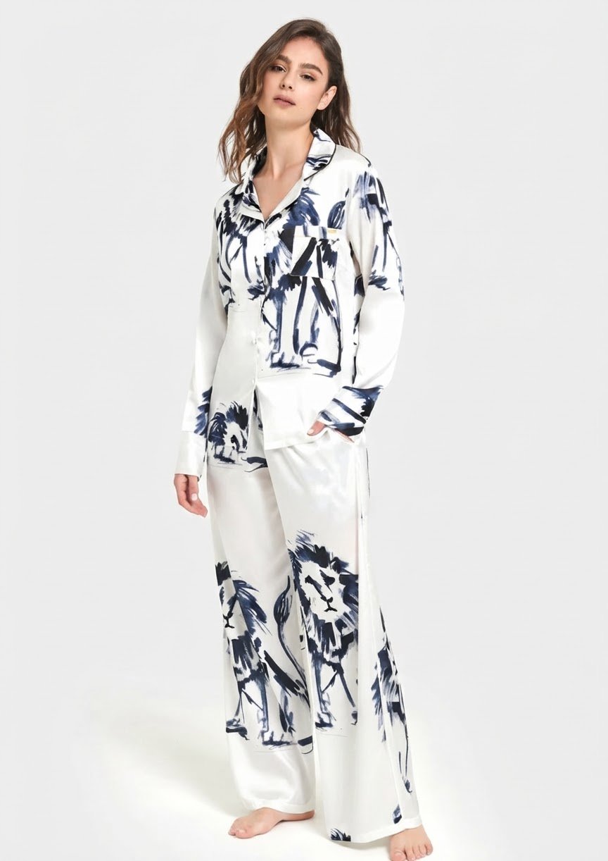 Olin Luxury Satin Long Pajama Set White/blue 