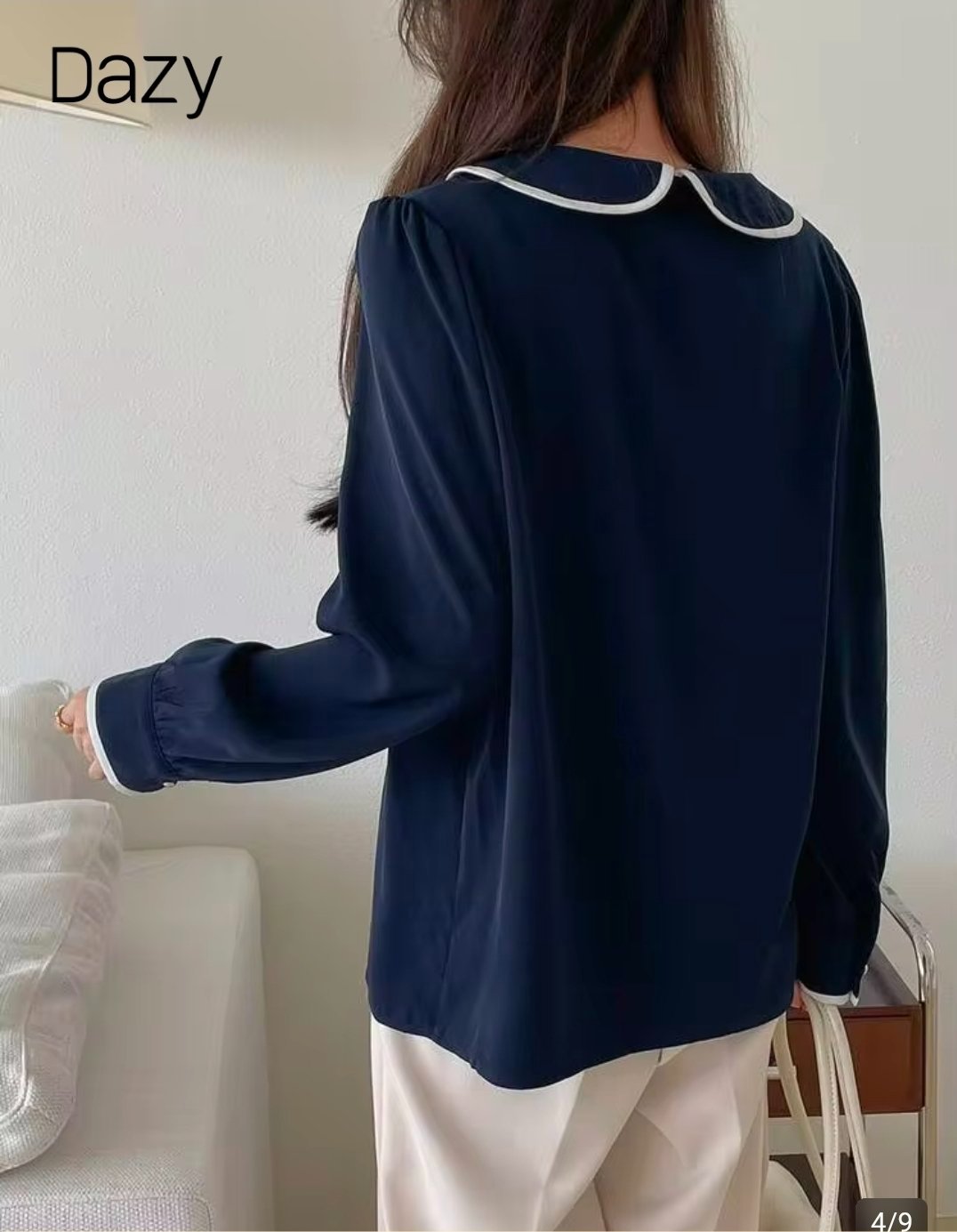 Chemise en tissu cotton satinée fluide à col Peter Pan avec billet blanc taille S 