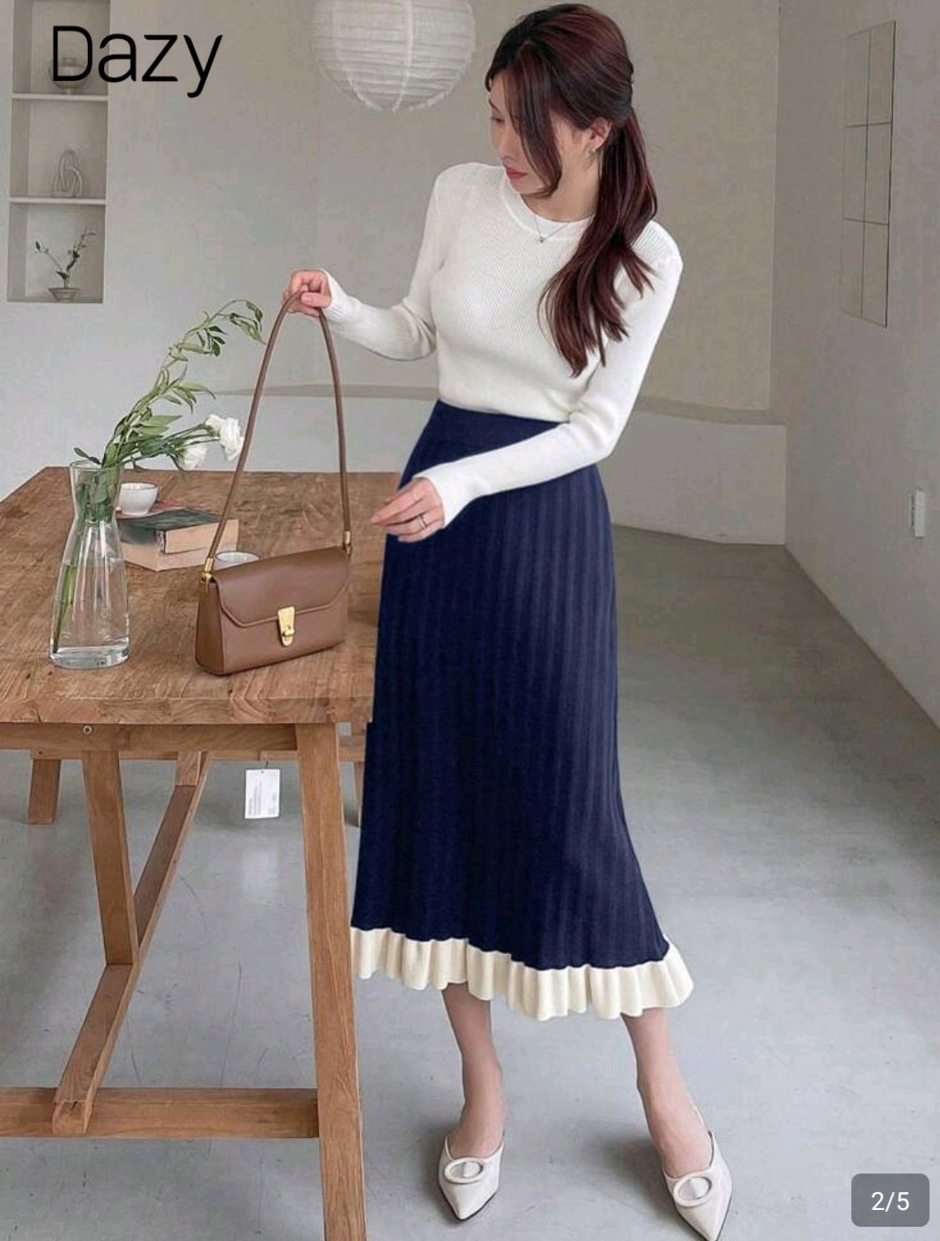 Jupe en laine maille  fine plissé maxi bleu marine et blanc 
