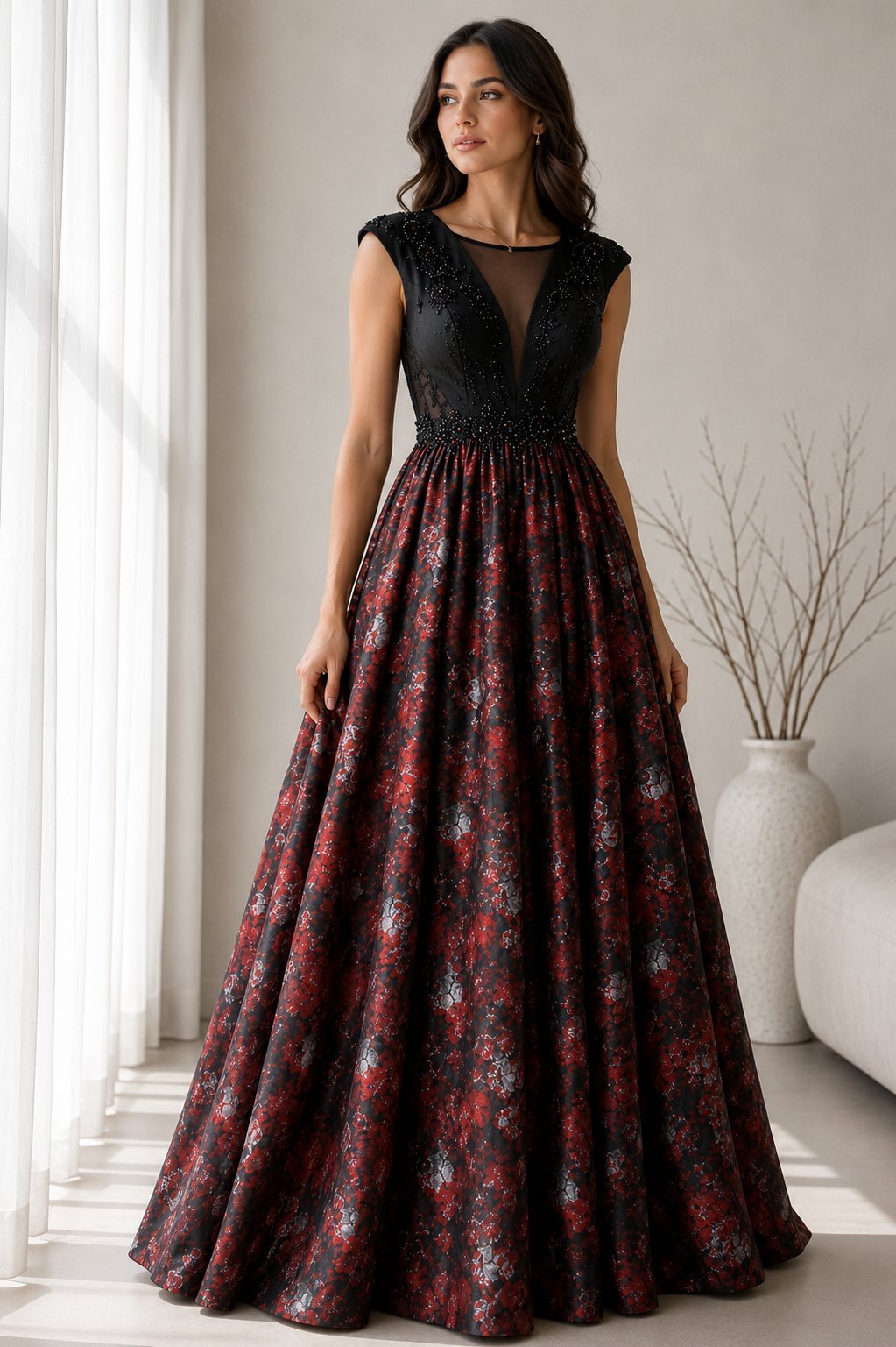 Robe soirée rouge et noir en brocard 