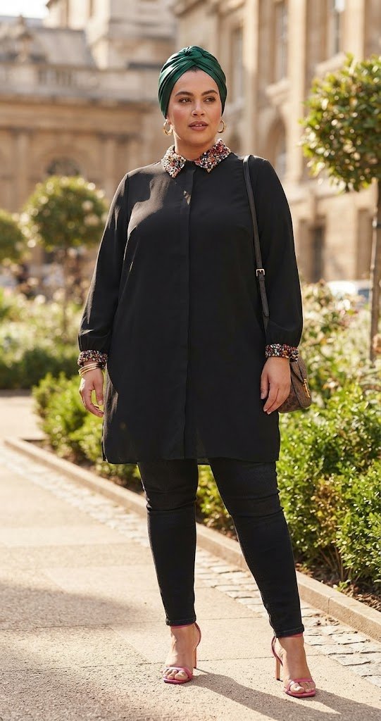 Chemise noire avec col et manches brodés 