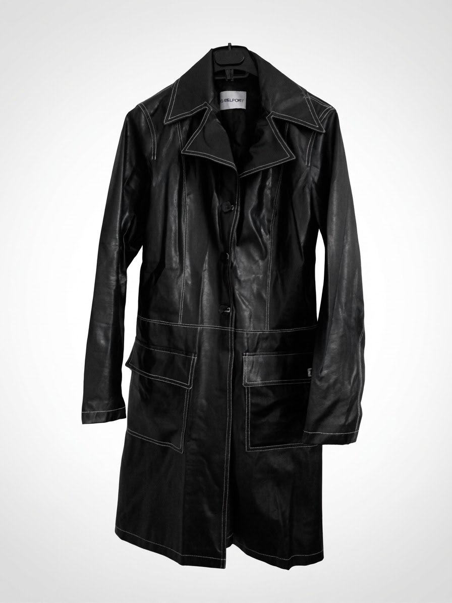 Trench long vintage noir D. Belfort à surpiqûres blanches 