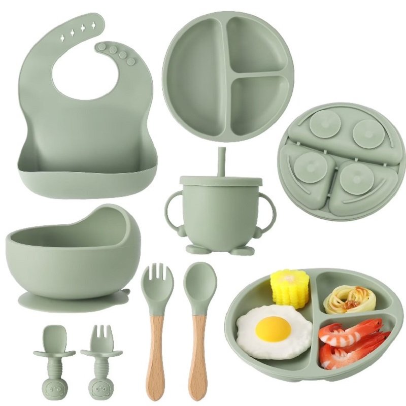 Ensemble Repas Bébé 9 pièces en Silicone - Vert