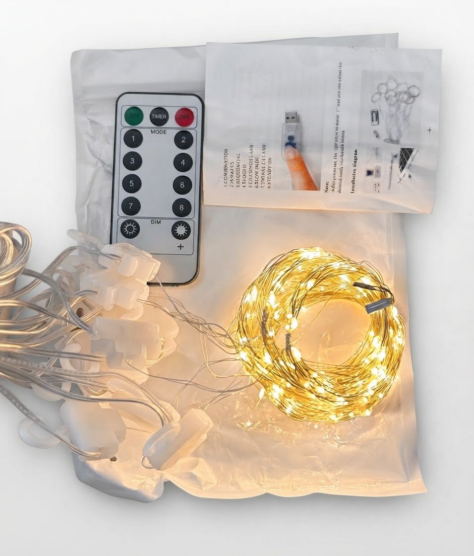 Rideau lumineux USB Guirlande LED R 3x3M  Blanc Chaud, 8 modes d'éclairage