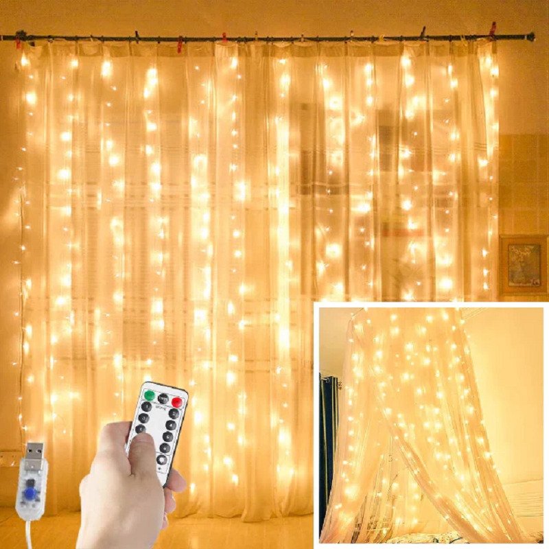Rideau lumineux USB Guirlande LED R 3x3M  Blanc Chaud, 8 modes d'éclairage