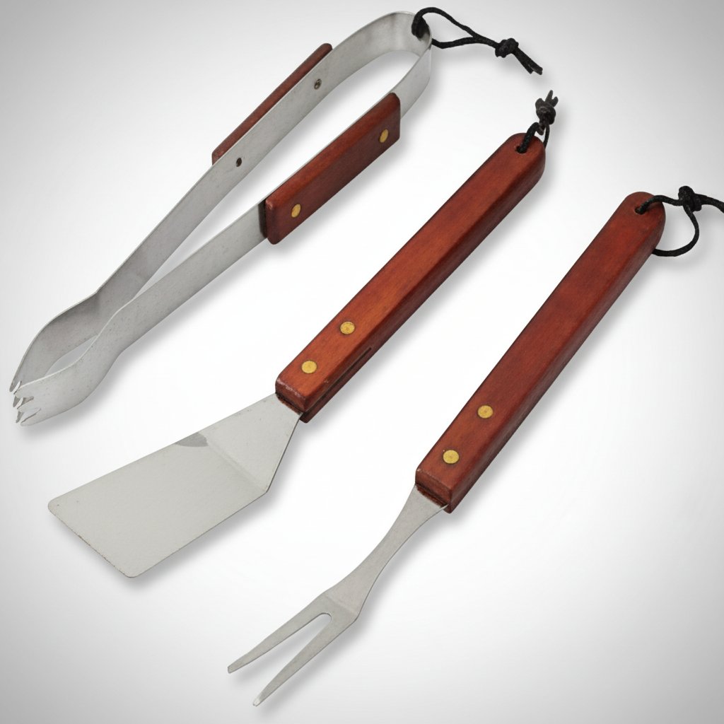 3 ustensiles de barbecue en acier inoxydable : spatule, fourchette, Pince - manche en bois. Ensemble D'accessoires Pour Barbecue