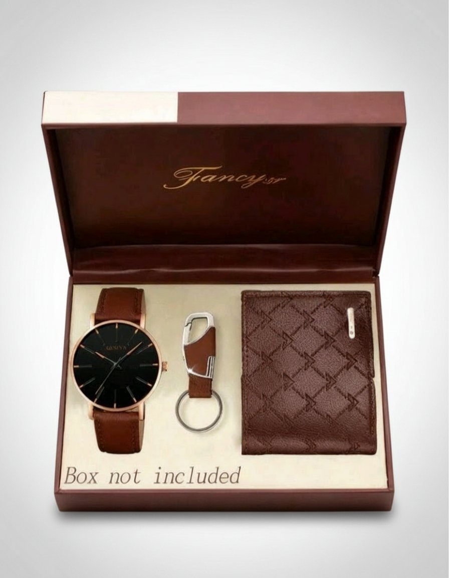 Pack montre+porte feuille+porte clé en cuir pour homme 