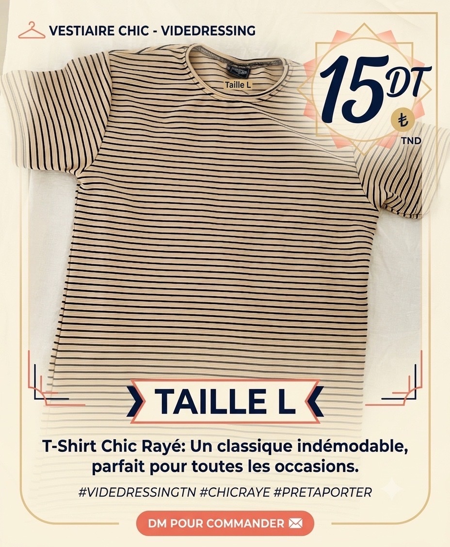 T-Shirt Chic Rayé Homme - Beige & Noir (Taille L)