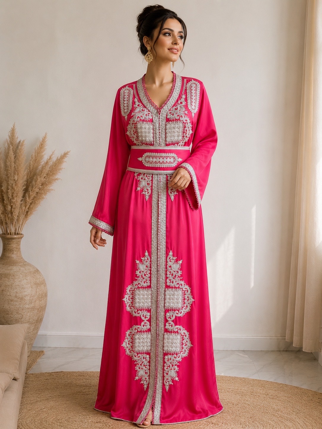 Magnifique caftan marocain organza 3 pièces fuchsia avec ceinture assortie