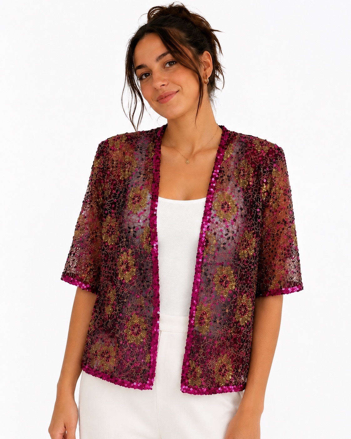 Magnifique veste entièrement brodée de sequins fuchsia