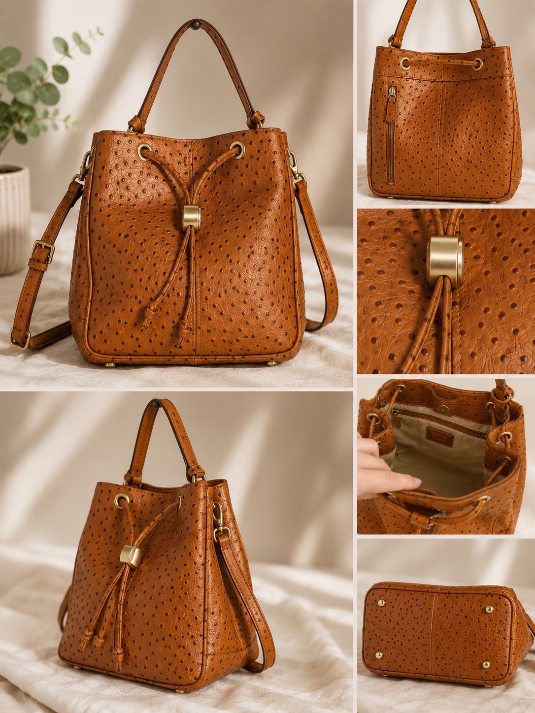 👜 Sac seau PICARD en cuir véritable effet autruche coloris cognac