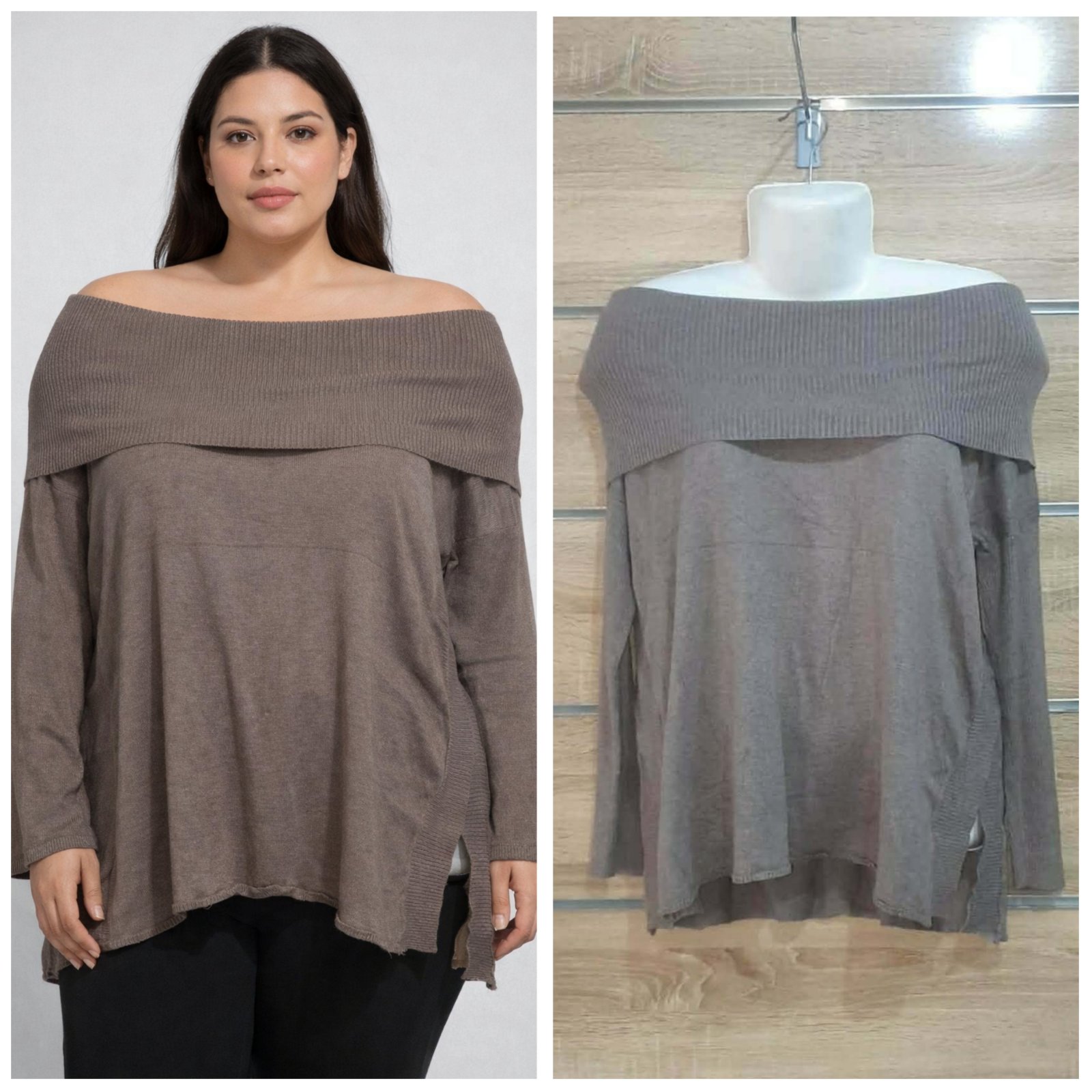 Pull greige off shoulder taille L ylabes 44-46 