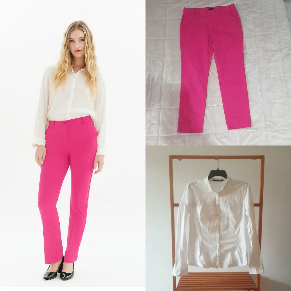 Outfits pantalon tommy hilfiger rose taille mi-haute+ Chemise blanc courte calvin Klein maktoub taille xl mais taille s4ir tlabes taille 38-40 outfits élégantes idéal pour soutence travail ou d’autres occasions 