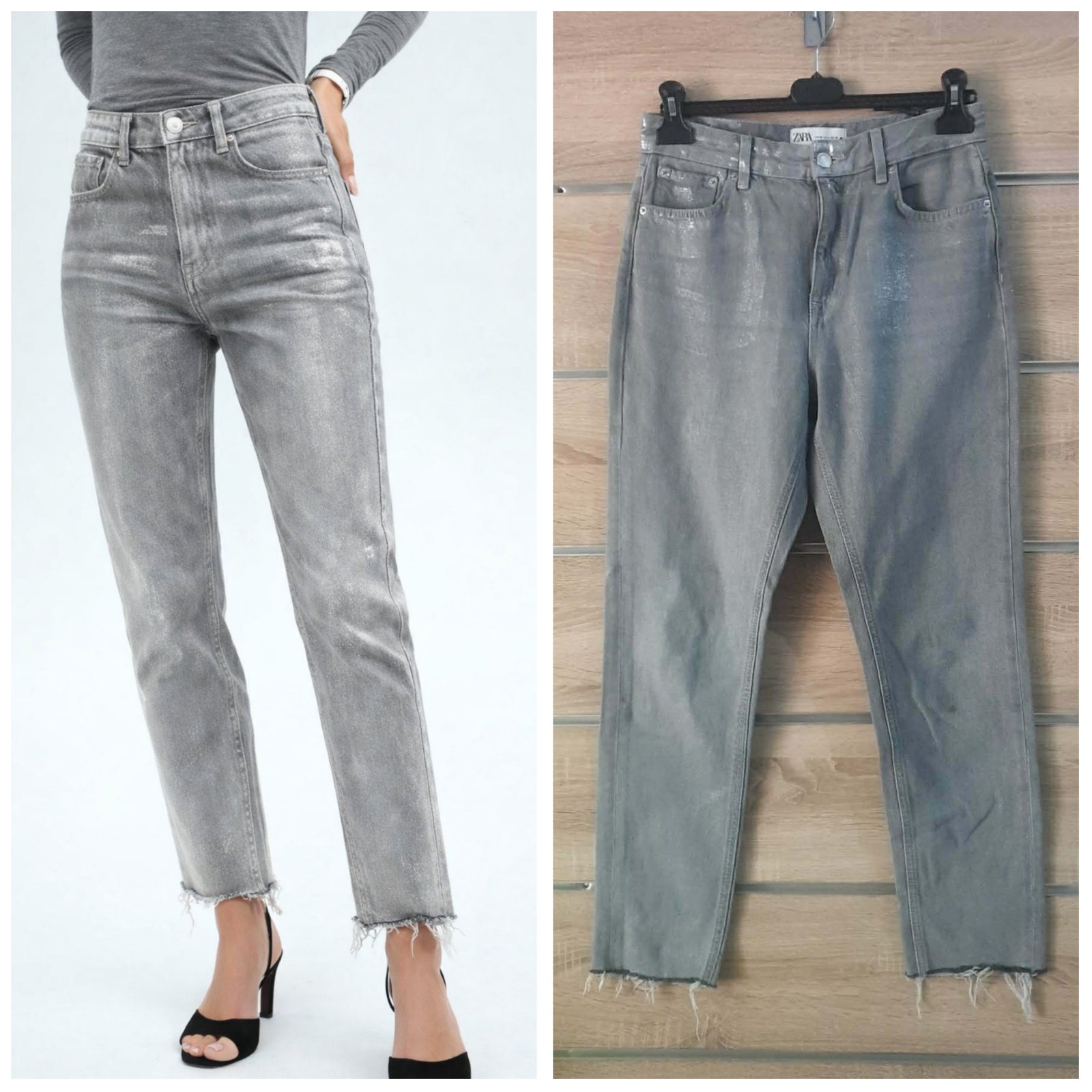 Pantalon jeans gris straight zara taille 38,effet métallisé